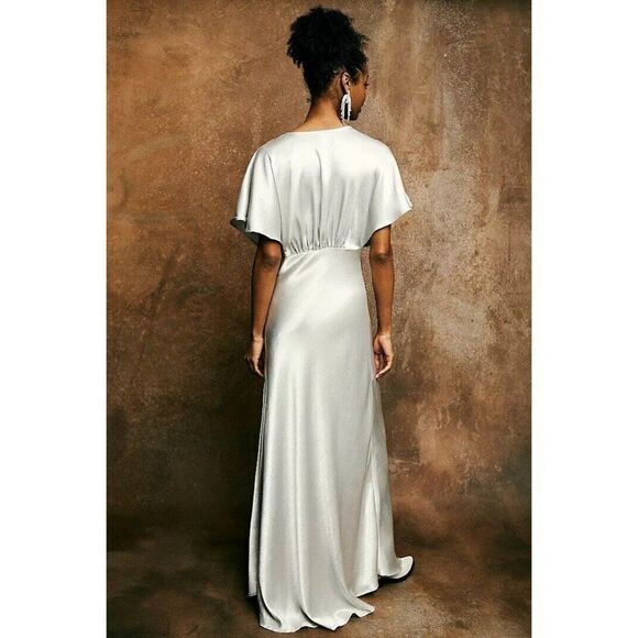 NEW FREE PEOPLE BEATRICE SATIN PLUNGE MAXI DRESS GOWN IN WINTER FOG SILVER - Picture 2 of 3